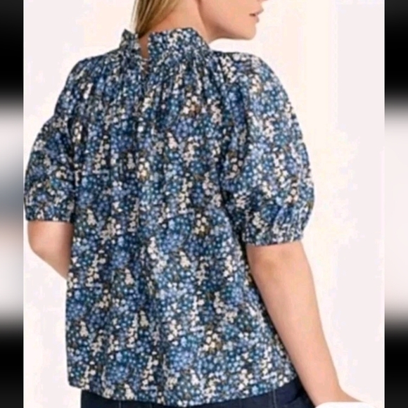 J.Crew x Liberty Top Blouse Women's XS Floral Puff Sleeve Smocked Neck Blue - Picture 2 of 11